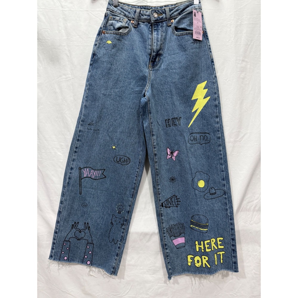 Wild Fable Womens Highest Rise Wide Leg Ankle Doodle Graphic Jeans Blue 0/25